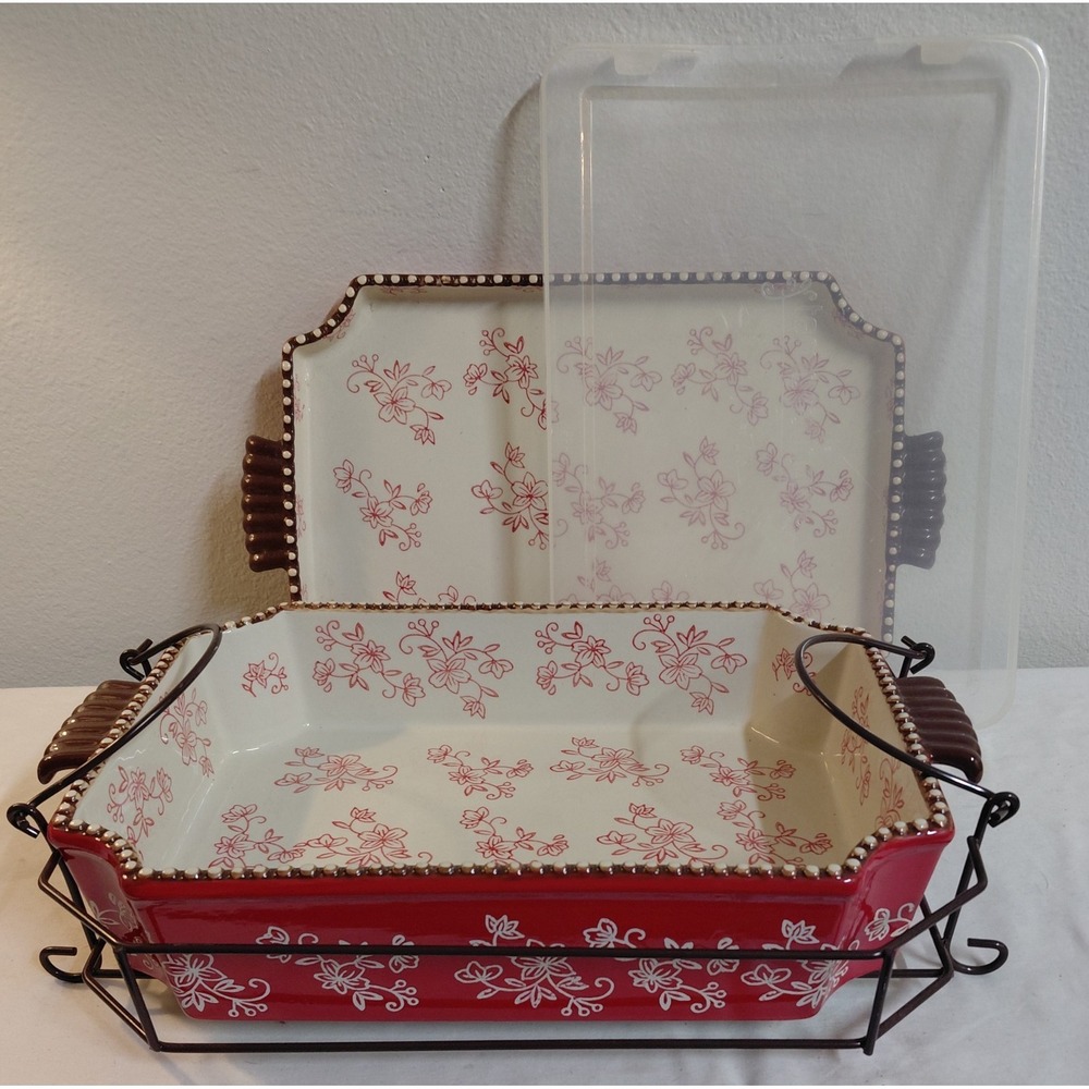 Temp-tations Floral Lace Red 4 Pc Bakeware Set Casserole Platter Wire Rack Lid